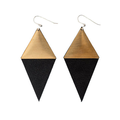 Diamond Amour earrings in black leather with brass detailing and silver hooks.