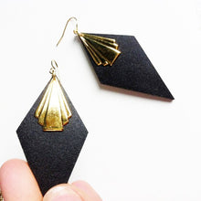 Black Leather Art Deco fan earrings with gold finish
