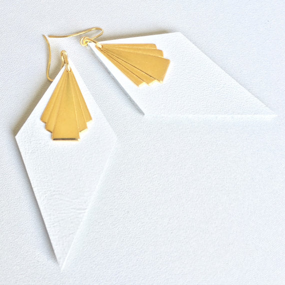 Diamond fan earrings large white leather and gold finish